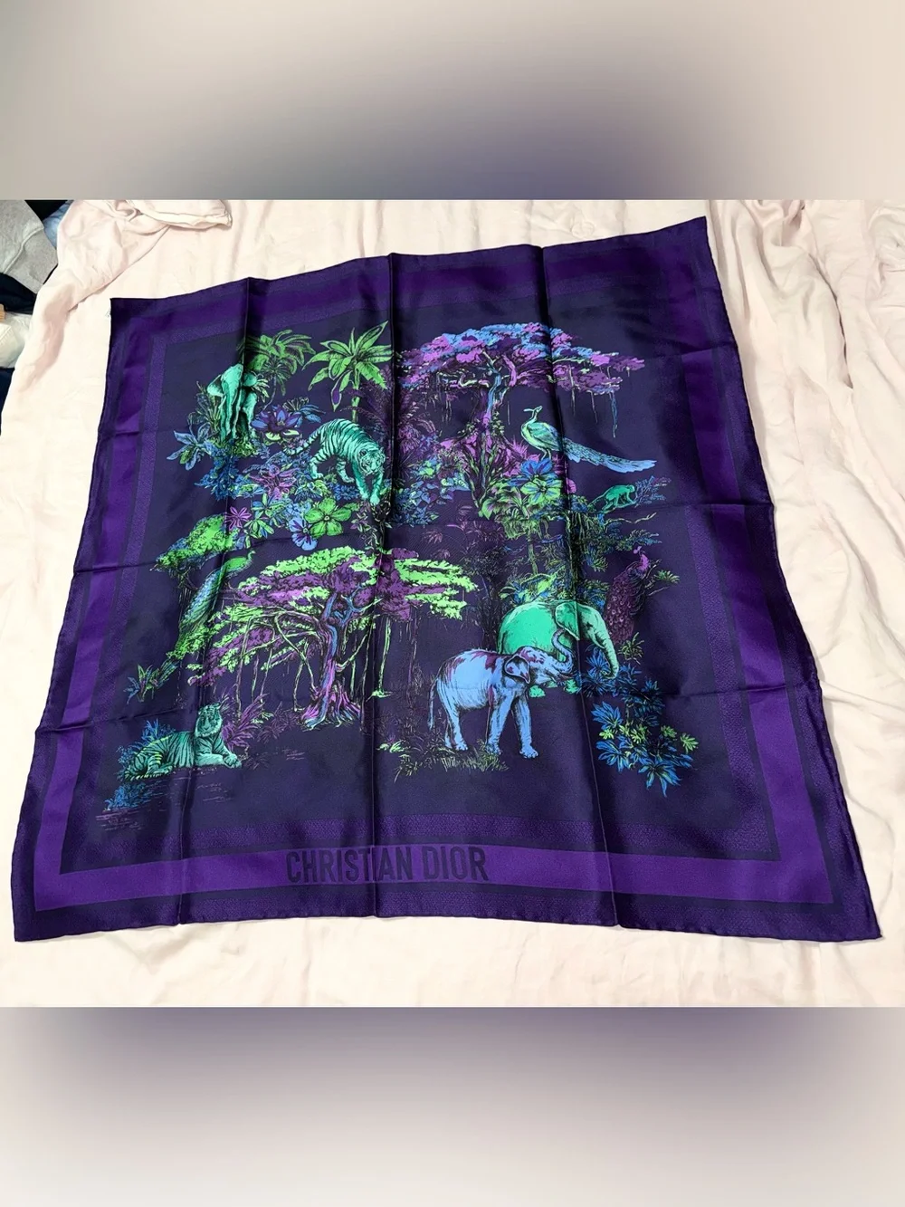 Christian Dior AUTHENTIC Toile de Jouy Voyage Jungle Animals Silk Scarf Purple